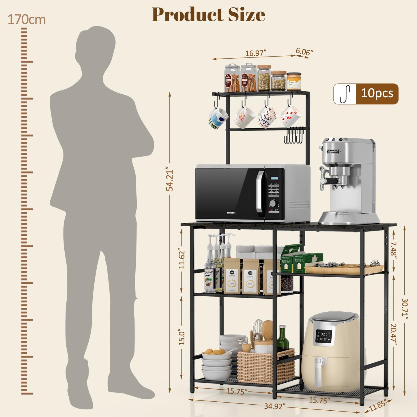 Baker's Rack for Kitchen with Storage, Microwave Stand with Adjustable Shelves and 10 S Hooks, 6-Tier Coffee Bar Station, Kitchen Shelves for Spices, Pots, Rustic Brown