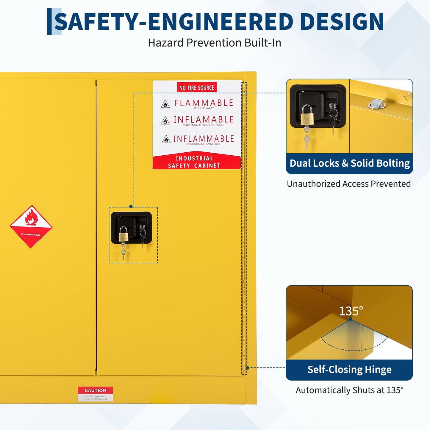 Hazardous Storage Flammable Cabinets, Fire Resistant Safety Cabinet for Flammable Liquids | Cold-Rolled Steel Construction w/Spill Containment Tray, Ventilation Holes & Grounding | Adjustable Shelf