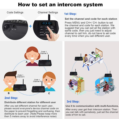 Wuloo Intercoms Wireless for Home 1 Mile Range 22 Channel 100 Digital Code Display Screen, Wireless Intercom System for Home House Business Office, Room to Room Intercom Communication (6 Packs, Black)