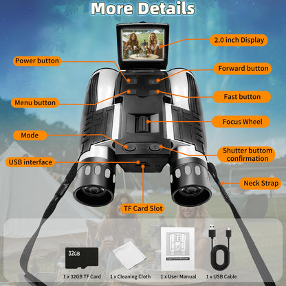 12x32 Binoculars for Adults, Digital Binoculars with Camera 48MP Photo 2.5K Video 2.4" LCD Display Screen with 32GB Micro SD Card for Bird Watching Hunting Football Concerts Theatre