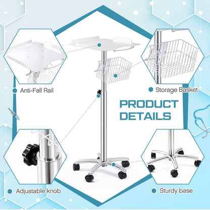 DaisyInner Adjustable Mobile Medical Cart with Wheels, Load up to 33 Lbs, Laptop Rolling Cart with Storage Basket 16.5" x 16.7" Large Tabletop Medical Trolley Workstation for Hospital, Lab Use(Frame)