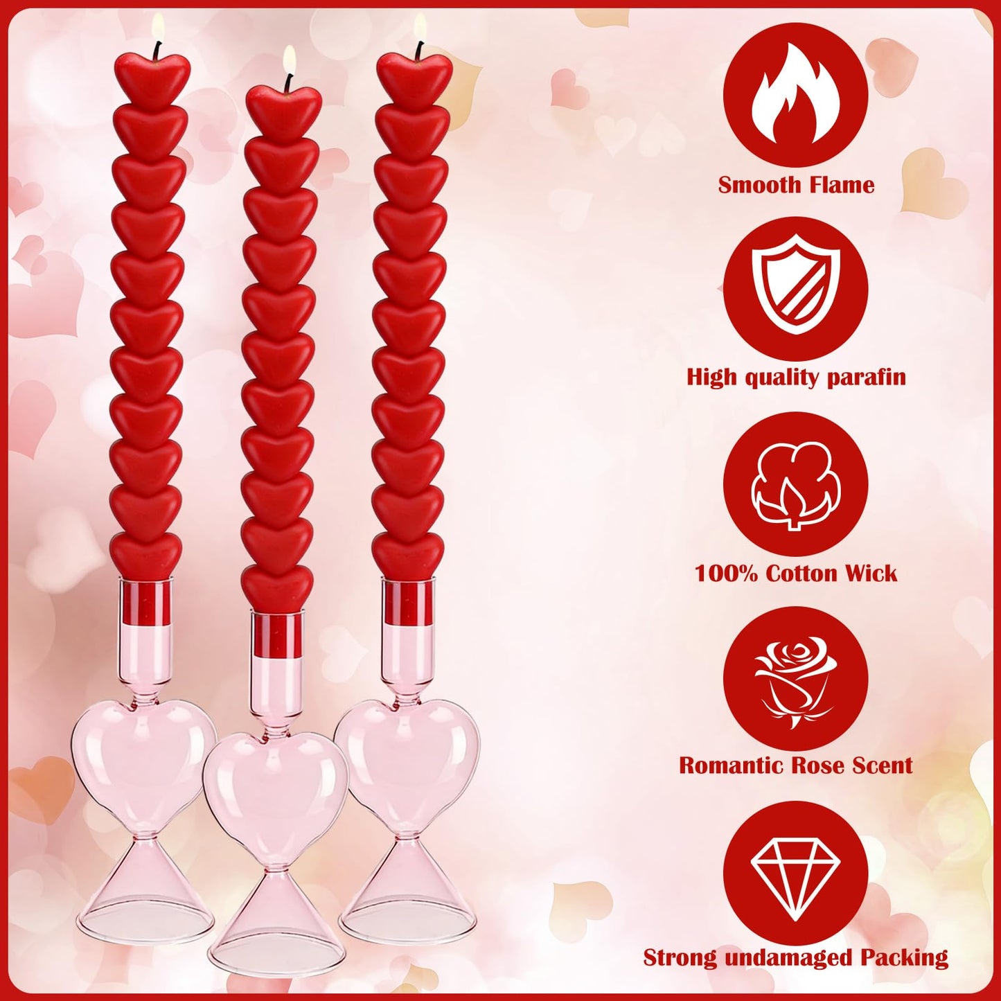 Treela 6 Pcs Valentine's Day Decor Heart Taper Candle Gift Sets 3 Red Unscented Taper Candles 3 Glass Heart Candlestick Holders Valentine Gifts for Wedding Anniversary Bachelorette Party Supplies