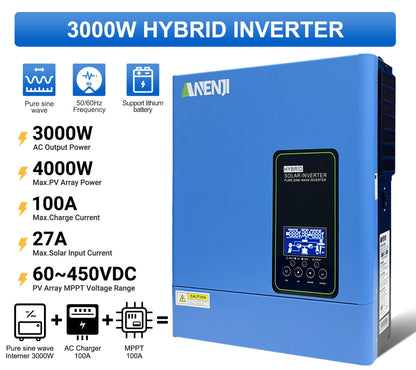 Aninerel 3000W Hybrid Inverter, 24Vdc to 110Vac Solar Inverter Charger Built-in 80A MPPT Controller, Pure Sine Wave PV Power Converter, Supports Battery-Less or AGM Lithium Battery