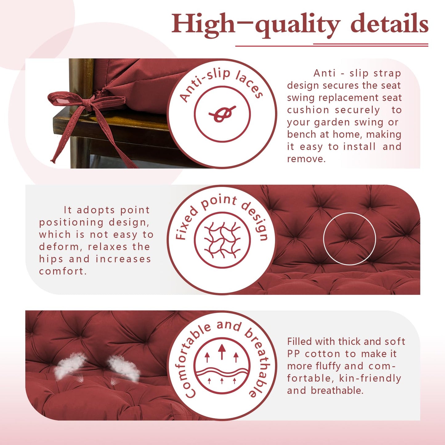 KGOSAUO Durable Extra 5" Thick Waterproof Porch Swing Cushions Outdoor 60 inch Fade-Resistant Swing Bench Cushions 3 Seater Replacement with Backrest for Outdoor Patio Backyard Furniture(Wine Red)