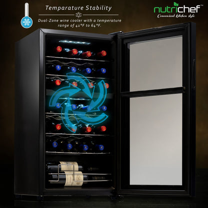 Nutrichef 28 Bottle Wine Fridge | Dual Zone Adjustable Temperature Control 41°F to 64°F | Ultra Quiet Operation | Cooler For Home, & Office | Free-Standing 33x16x17 IN (Black)