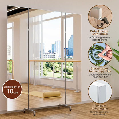 HDmuxel Full Length Mirror with 360° Wheels, 63" x 71" Foldable Floor Mirror with Nano-Tech Shatterproof Film - Ultra-Large Mobile Mirror for Home Gym, Dance Studio & Commercial Spaces (Sliver)