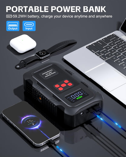 HPBS 5000A Jump Starter with Air Compressor, Portable Car Battery Jump Starter with 150 PSI Tire Inflator for Up to 10.0L Gas and 8.0L Diesel Engines, 12V Jump Box Battery Charger Booster(Red)
