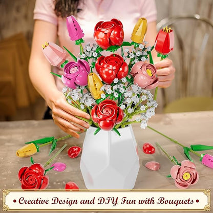 Utbttor Flower Bouquet Building Kit Red Rose &amp Tulips 680 Pcs Building Blocks Set - Valentine's Day Mother's Day Christmas Birthday Gift for Adults Women Her Home Office Decor No Vase