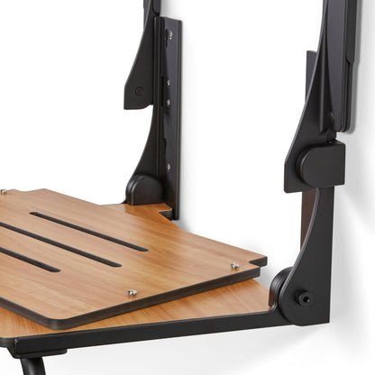 Silhouette Comfort Plus Heavy Duty Folding Wall Mount Shower Bench Seat, Teak Seat with Black Frame