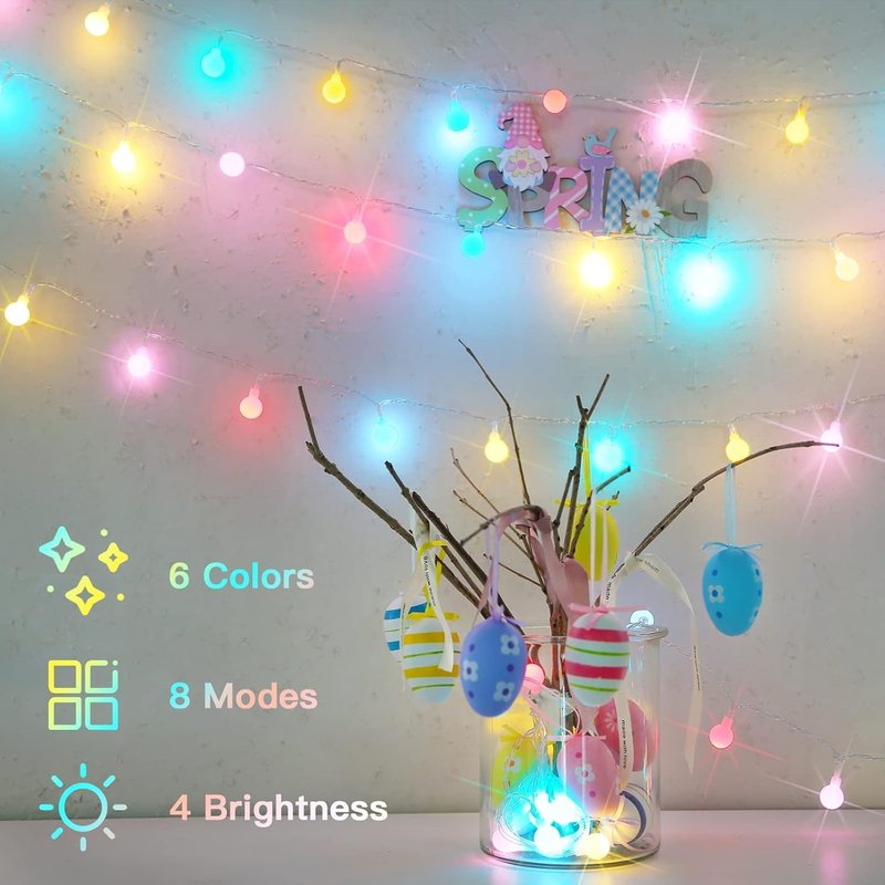 suddus Easter Lights Plug in, 33ft 100 Led USB Pastel String Lights with Timer, Globe String Lights Indoor for Classroom, Dorm, Party, Room, Outdoor, Tree, Patio, Garden, Spring Decoration