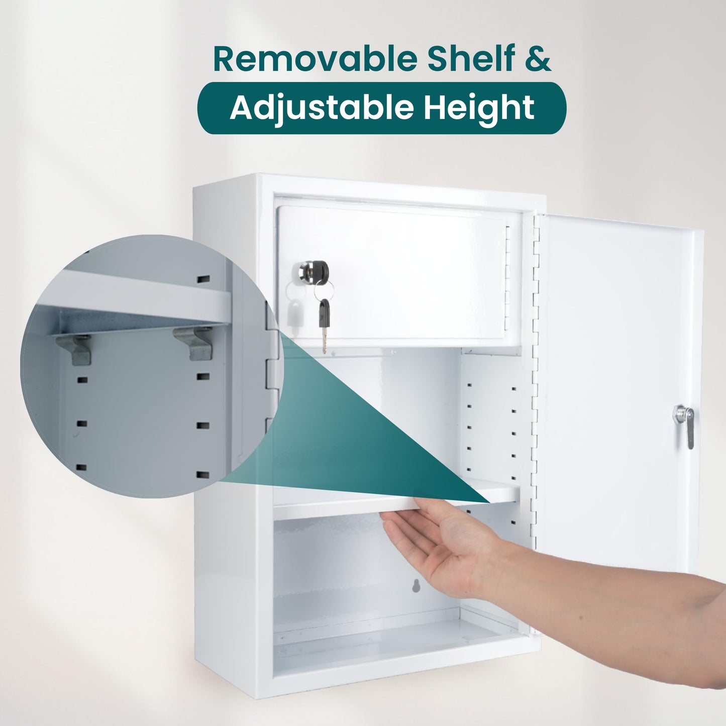 Wall Mounted Locking Medicine Cabinet - Metal Medicine Cabinet with Lock, Double Security Door for Safe Medicine Storage, Adjustable Shelf, White, 12" W x 18" H x 6" D