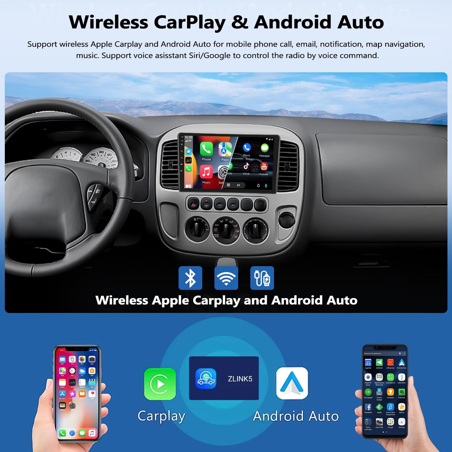 2+64G Car Stereo Radio for Ford Escape/Mazda Tribute 2001-2005 with Wireless CarPlay Android Auto, 9" Touch Screen Android 13 Car Radio with GPS Navigation Bluetooth WiFi Mirror Link Backup Camera