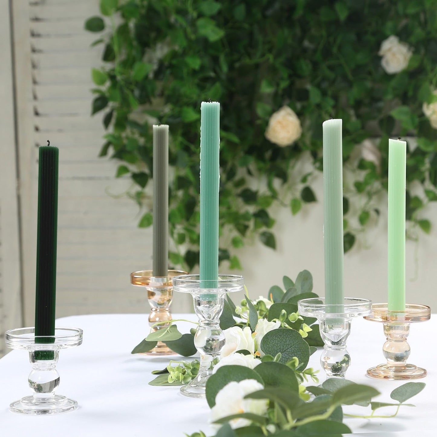 Efavormart 5 Pack 9" Mixed Sage Green Ribbed Unscented Taper Candles, Textured Ribbon Wax with Cotton Wick for Modern Centerpieces and Home Decor