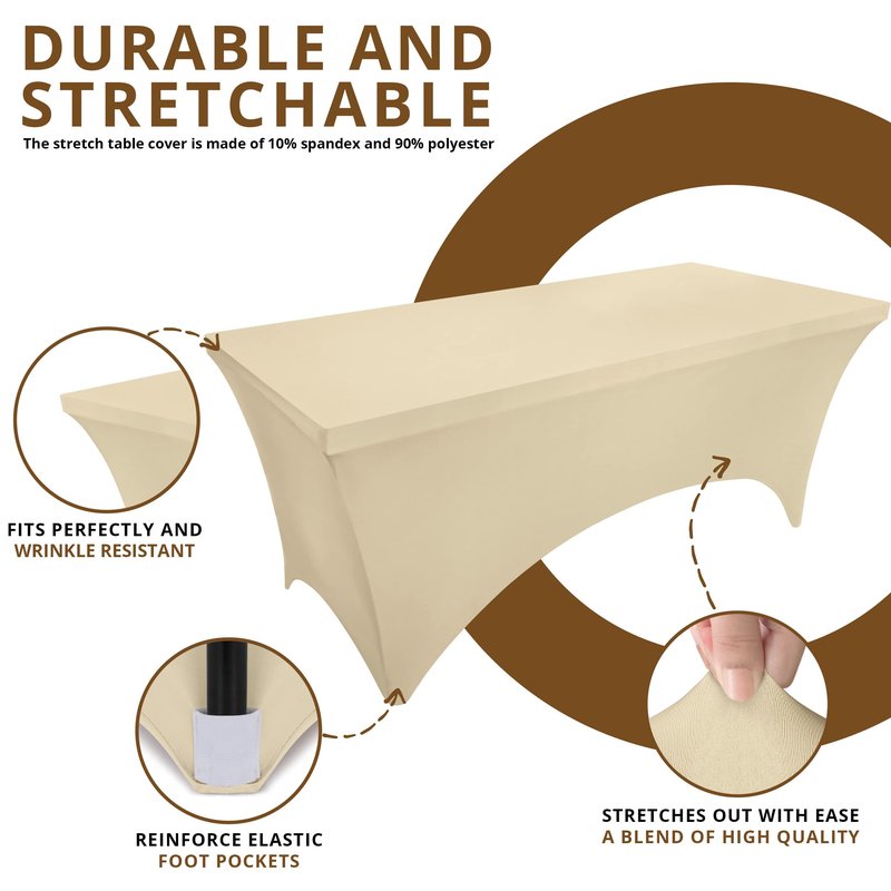 Utopia Kitchen Spandex Tablecloth 10 Pack [8FT, Champagne] Tight, Fitted, Washable and Wrinkle Resistant Stretch Table Cloth Rectangle Cover for Trade Show, Weddings & Parties [96Lx30Wx30H Inch]