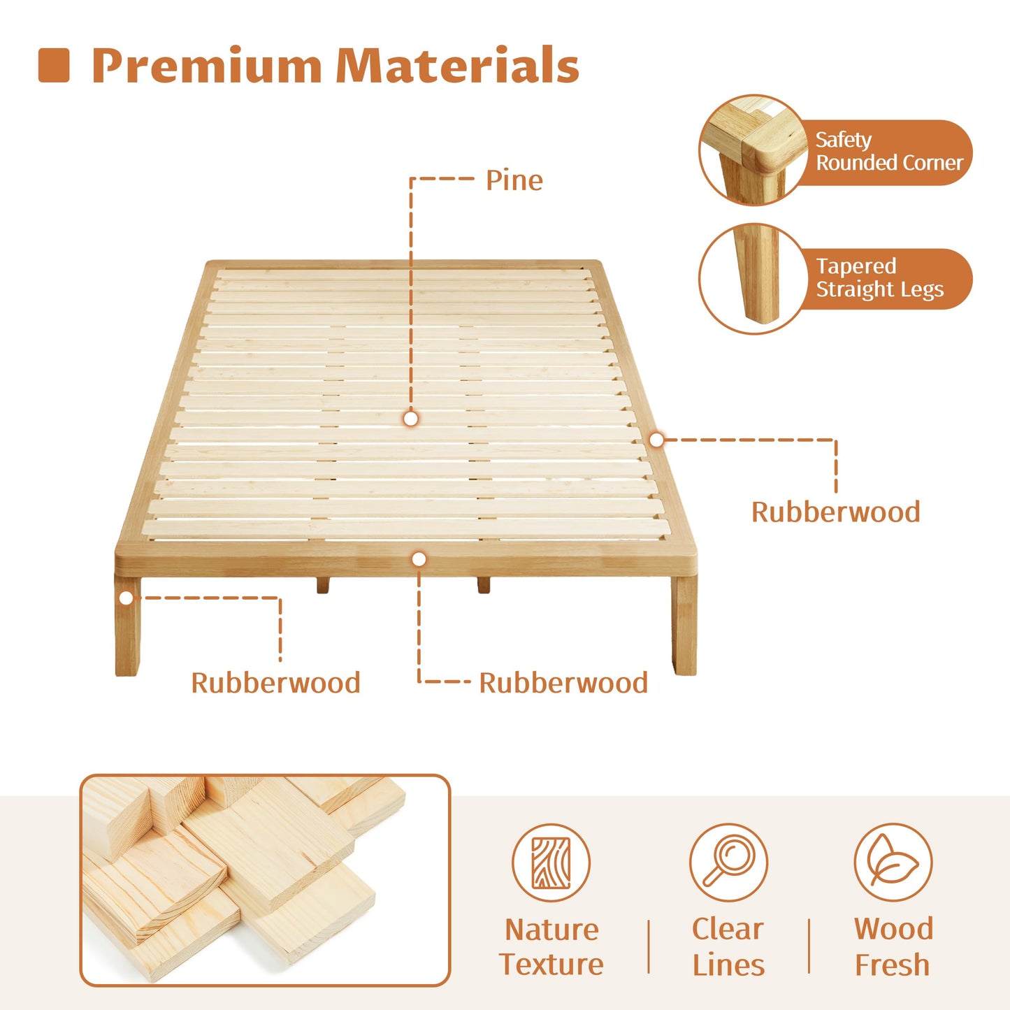 IOTXY Full Platform Bed Frame - 12 Inch Solid Wood Mattress Foundation Base with Heavy-Duty Support Slats & Legs, Rubberwood Full-Size Bedframe