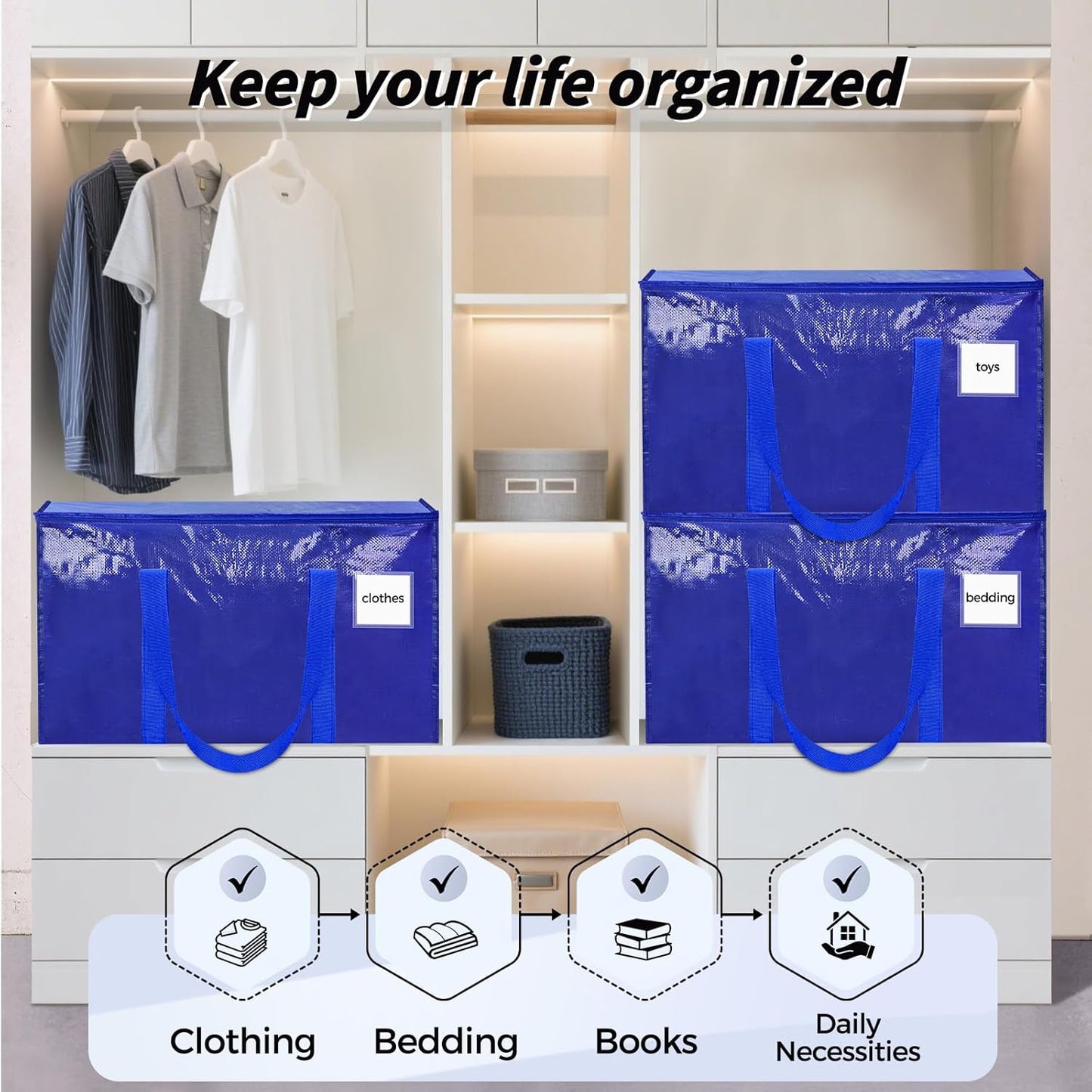 Skiennix Extra Large Heavy-Duty Moving Bags - 8 Pack with Reinforced Handles & Zippers | Blue Storage Totes for Clothes & Dorm Supplies