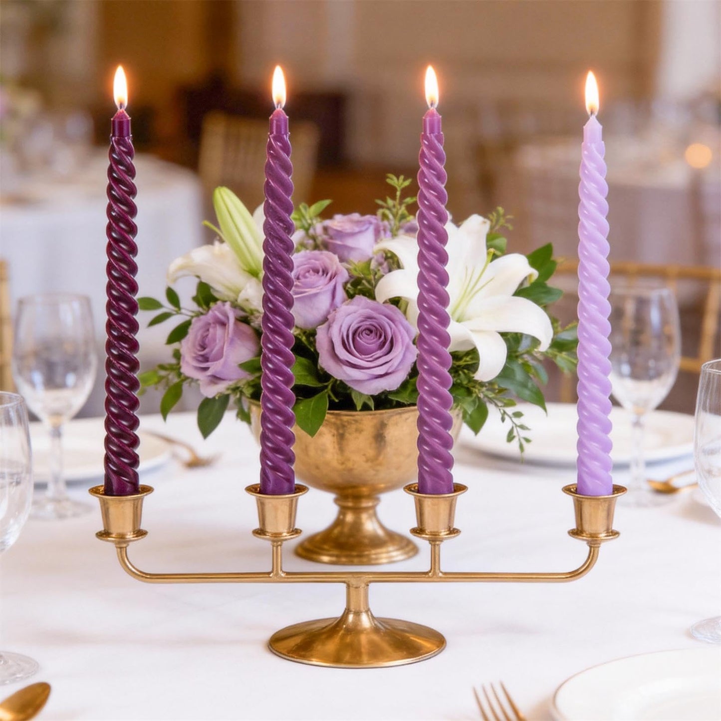 Purple Spiral Taper Candles, 10 inch Gradient Twisted Candles,4 Pack Unscented and Smokeless Long Burning Candles with Cotton Wicks,Tall Candlesticks,Ideal for Weddings, Dinner Parties, and Home Décor