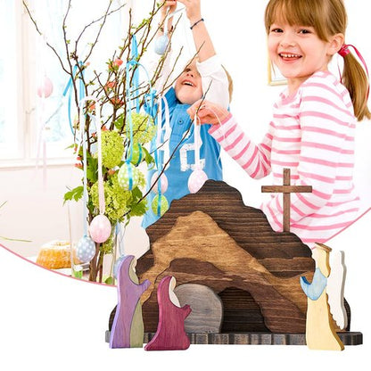 IoF Easter Resurrection Scene Ornament, Wooden Religious He is Risen Easter Decorations, Wood Christian Empty Tomb Figurines, Jesus Nativity Home Decor Set Gifts for Kids for Easter, Christmas, Office