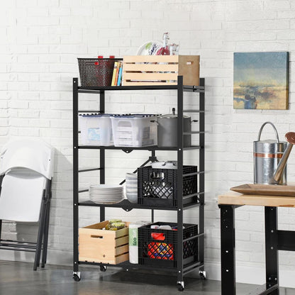 Himix Storage Shelves with Hooks, Foldable Metal Shelving Unit on Wheels, No Assembly Collapsible Shelves for Storage, Holds 264 Ibs Storage Rack for Kitchen Garage Pantry Room Organization