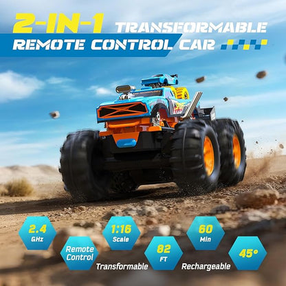 2-in-1 Remote Control Car with Transform Launcher Track – 1:16 RC Monster Truck Toys 2.4GHz Self-Standing 360° Flips Towing Mini Cars &amp Electric Scoring Gate Truck Gift for Kids Boys Girls Age 4-