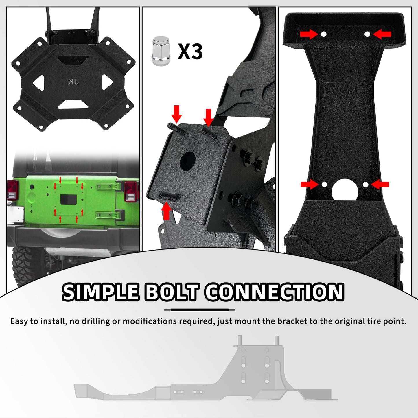 XOOKUN Spare Tire Bracket Fits 2007-2018 Jeep Wrangler JK with OEM Brake Light Mounting Bracket|Brake Light Not Included
