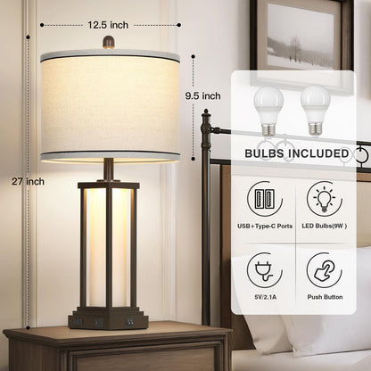 Cinkeda Vintage Table Lamps Set of 2, 27in Tall, Oil-Rubbed Bronze, USB & Outlet, Frosted Glass Night Light for Living Room and Bedroom