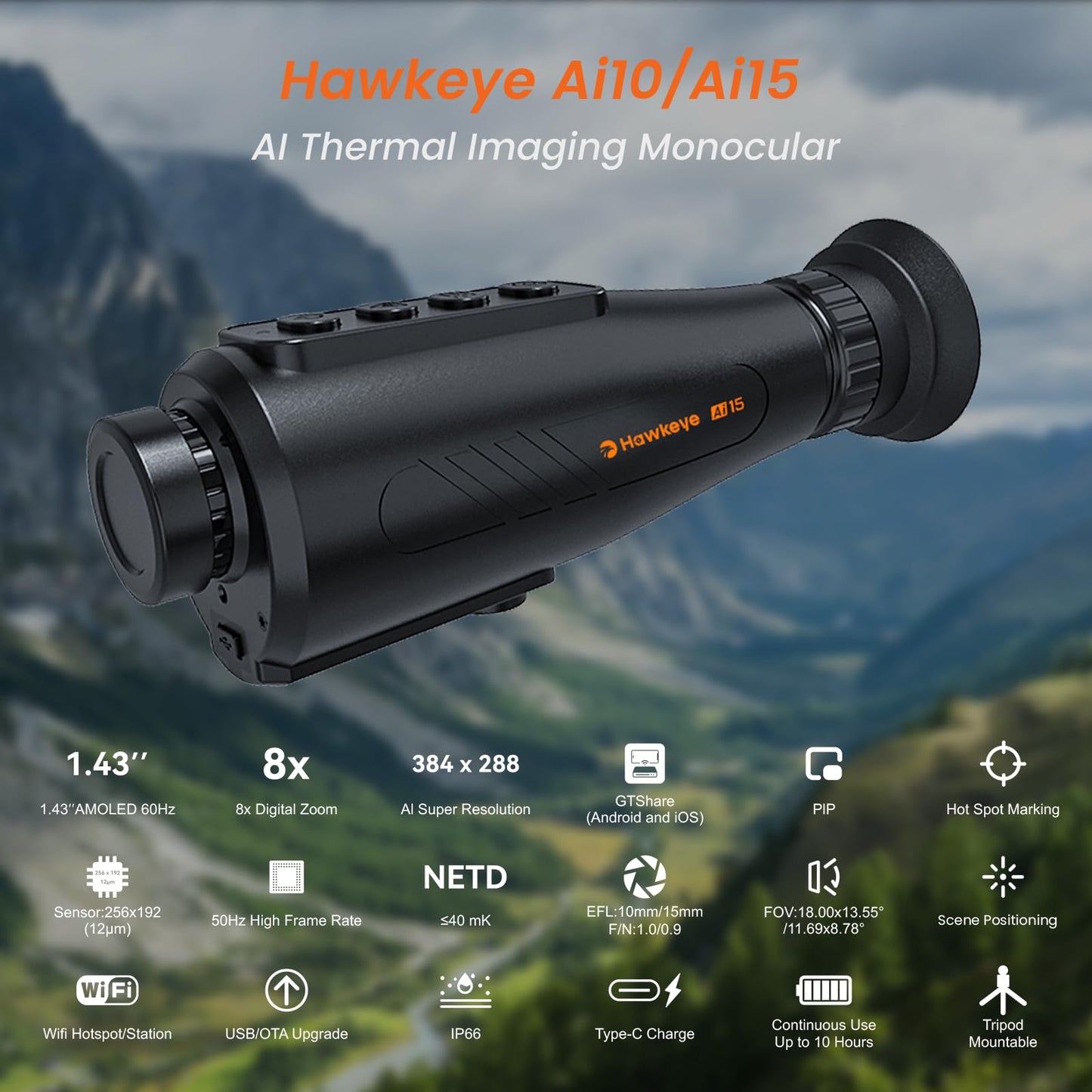 GTGUARD AI15 Thermal Monocular 384x288 (50Hz) HD Night Vision with 15mm Focal Lens, 8X Zoom, Wi-Fi Hotspot Multiple Scene Modes for Hunting Travel Outdoor Camping