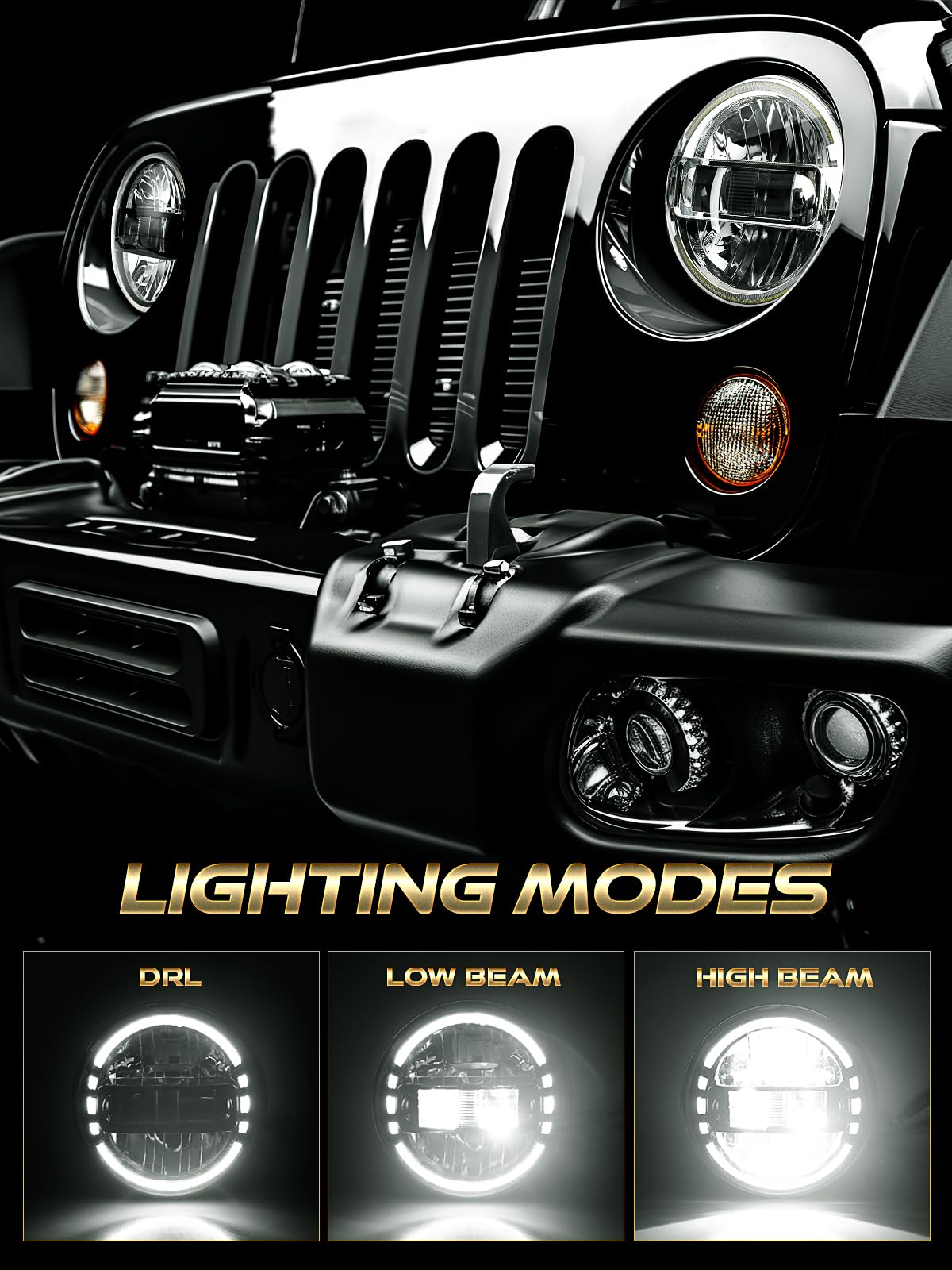 AUDEXEN 7 Inch LED Headlights for Jeep Wrangler JK JKU TJ LJ 1997–2018, 1200% Brighter Round Halo Headlamp, Hi/Lo Beam, Plug & Play Replacement for H6024, DOT Approved, Black
