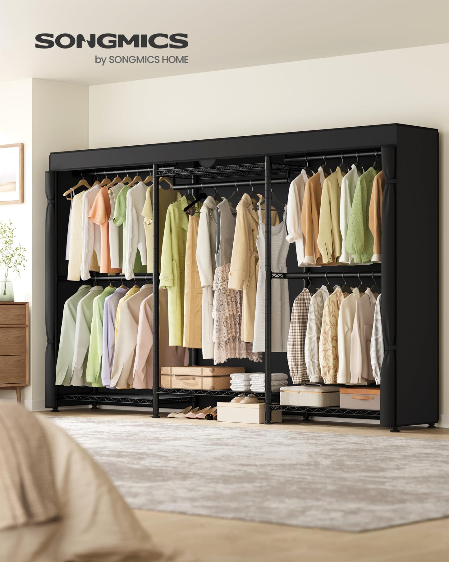 SONGMICS Heavy-Duty Rolling Clothes Rack, Garment Rack, Portable Closet, with Adjustable Mesh Shelves and Hanging Rails, Fabric Cover, 15.8 x 86.4 x 76 Inches, Ink Black ULGR437BH01
