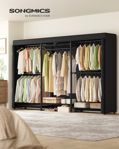 SONGMICS Heavy-Duty Rolling Clothes Rack, Garment Rack, Portable Closet, with Adjustable Mesh Shelves and Hanging Rails, Fabric Cover, 15.8 x 86.4 x 76 Inches, Ink Black ULGR437BH01