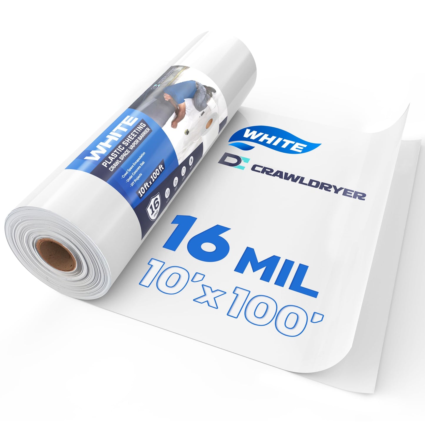 Crawldryer White Plastic Sheeting, 16 Mil 10' x 100', Crawl Space Vapor Barrier, White Vapor Barrier, Plastic Sheeting Heavy Duty, Polyethylene Plastic Rolls for Garden, Crawlspace, Basement, White