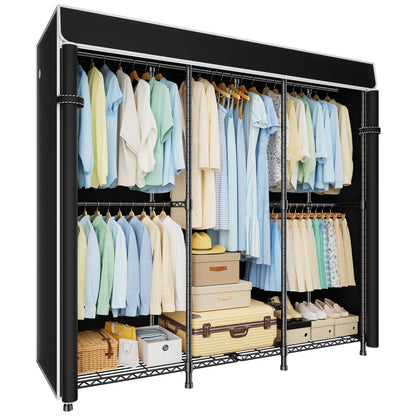 ULIFHOME E14C Heavy Duty Closet Organizer System，Freestanding Clothing Racks for Hanging Clothes，Adjustable Garment Rack 58" W × 16" D × 77" H Hold 860 lbs，Black Rack with Black Dustproof Cover