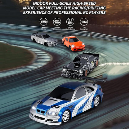 HERR RC Electric Mini Racing Drift Car Model 1:43 Scale 2.4G Full Scale Linkage Light Set Max Speed 15km/h Indoor Mini RC Toys Hobbyist Gift Black White (RTR Version/Blue &amp White)