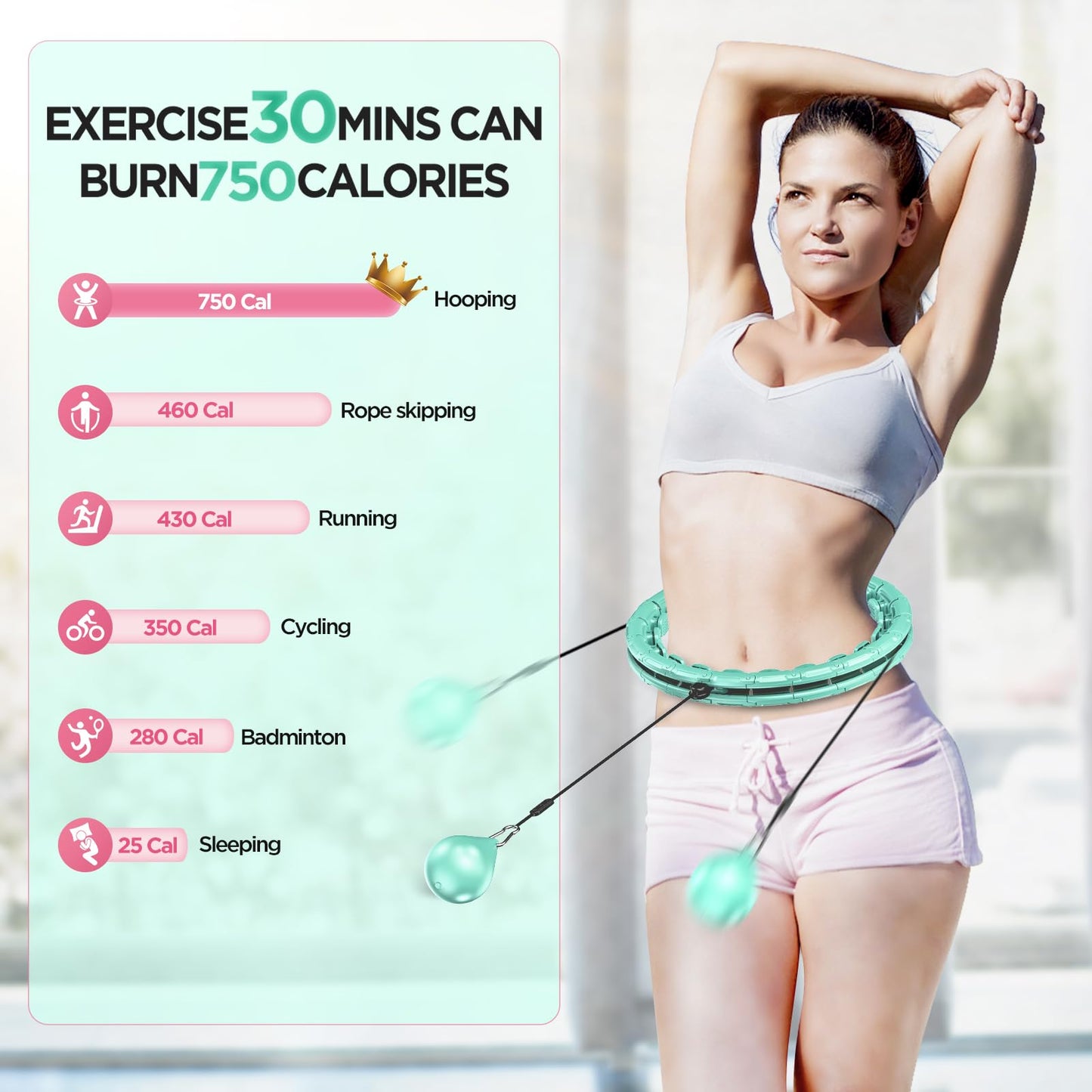 APzek 32 Knots Weighted Exercise Hoop Detachable & Adjustable for All People, No Falling Plus Size Smart Huula Hoop, 2 in 1 Abdomen Fitness Massage with Spinning Ball - Green