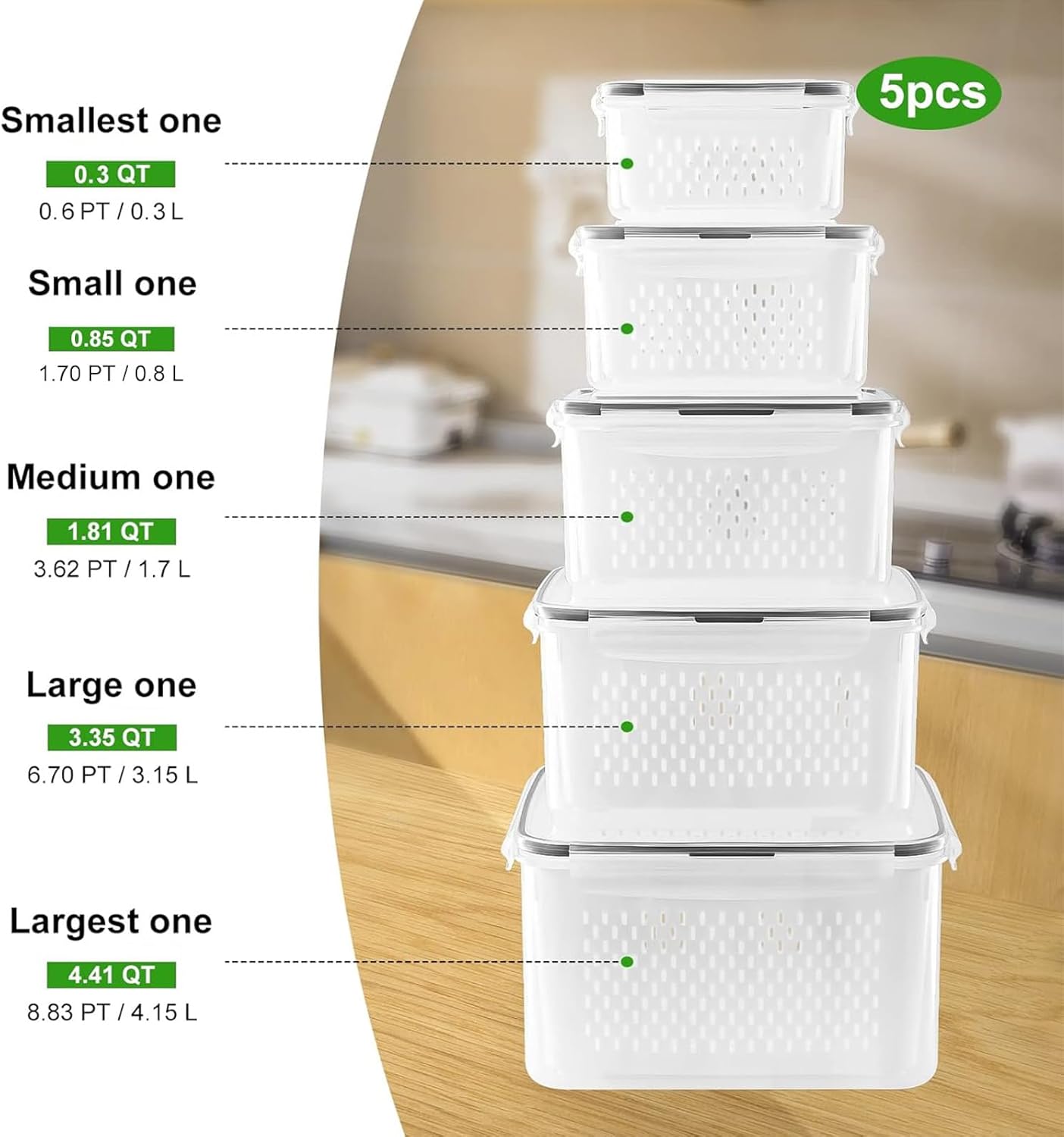 5 PCS Large Fruit Containers - Leakproof Food Storage with Removable Colander | Dishwasher & Microwave Safe