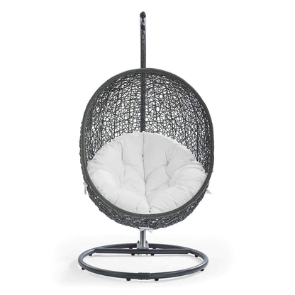 Modway Hide Wicker Rattan Outdoor Patio Porch Lounge Egg Swing Chair Set with Stand in Gray White