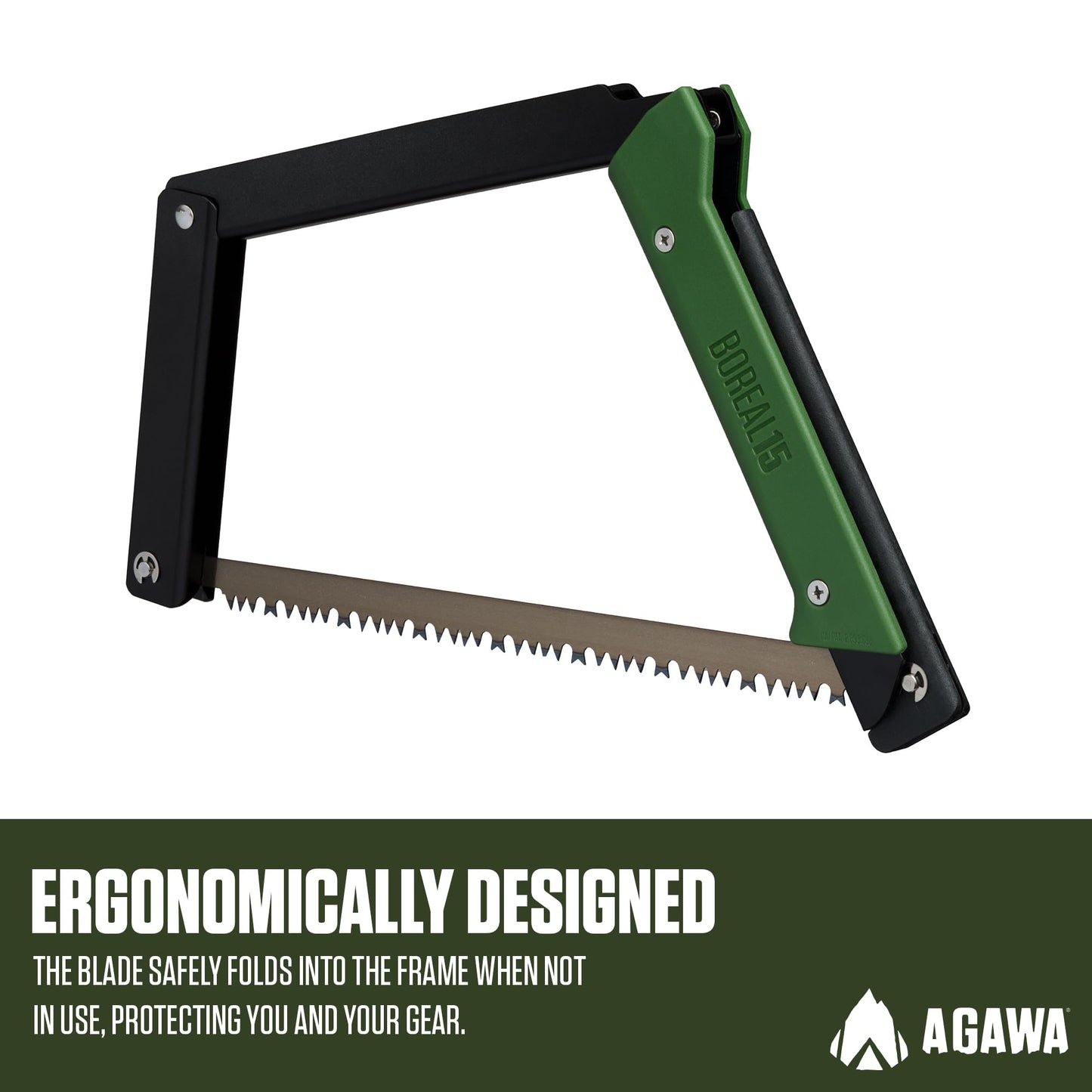 AGAWA - BOREAL15-15 Inch Folding Saw with All-Purpose Saw Blade - Camping Gear For Hiking, Fishing, Hunting, Bushcraft & Survival Kit (Black Frame/Green Handle)