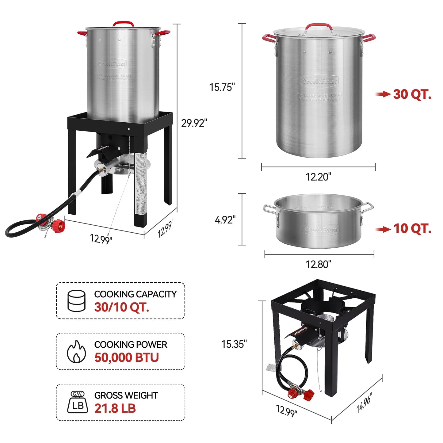 CreoleFeast TFS3010 Propane 30 Qt. Turkey and 10 Qt. Fish Fryer Boiler Steamer Set, 50,000 BTU Burner, Ideal for Outdoor Cooking