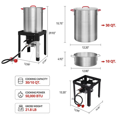 CreoleFeast TFS3010 Propane 30 Qt. Turkey and 10 Qt. Fish Fryer Boiler Steamer Set, 50,000 BTU Burner, Ideal for Outdoor Cooking