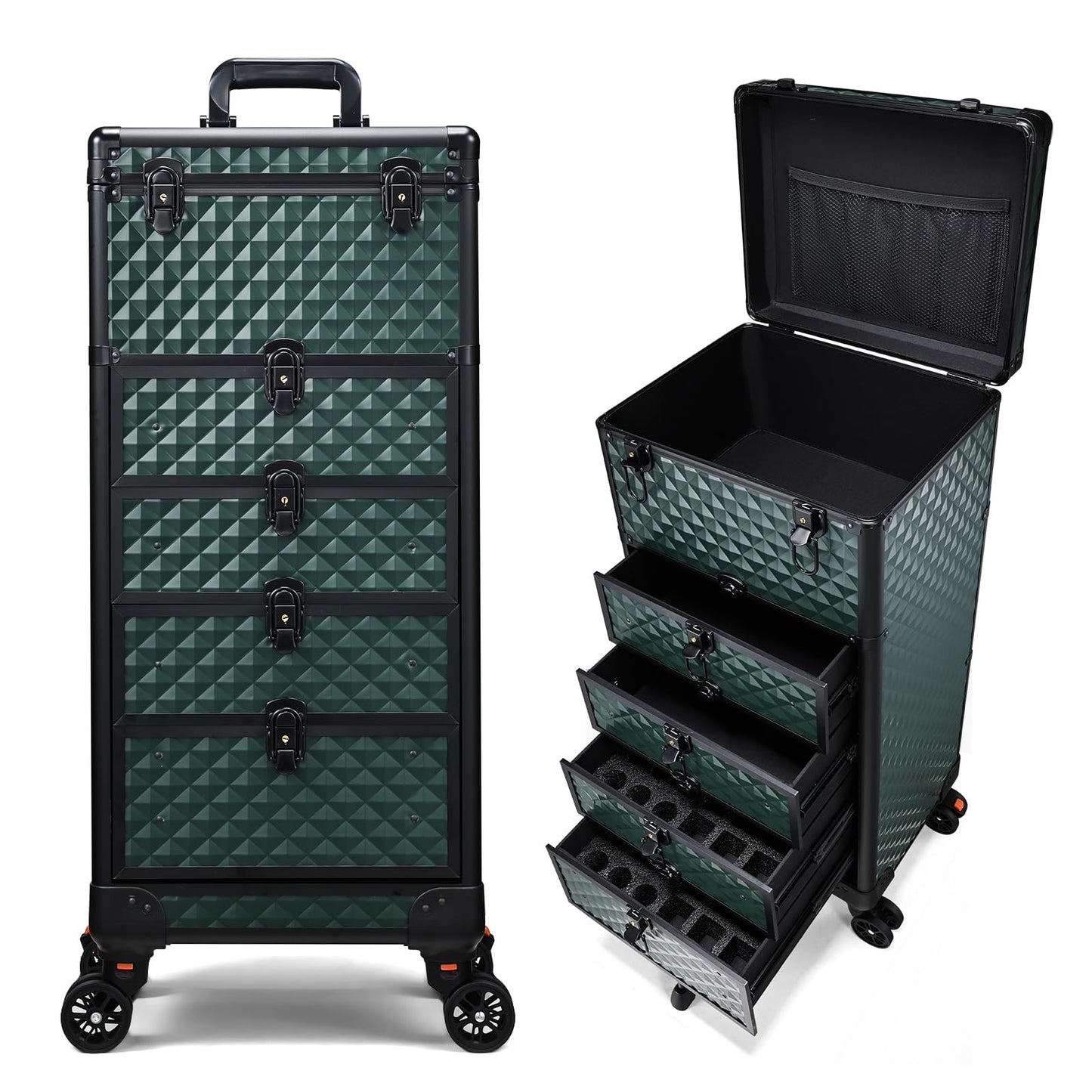 Yueieoun Nail Salon Cart with 4 Drawers,Rolling Makeup Train Case for Beauty,Cosmetology Case on Wheels Trolley Cart,Lockable Organizer Travel Case for Manicure/Face Painting/Hairstylist,DARK GREEN