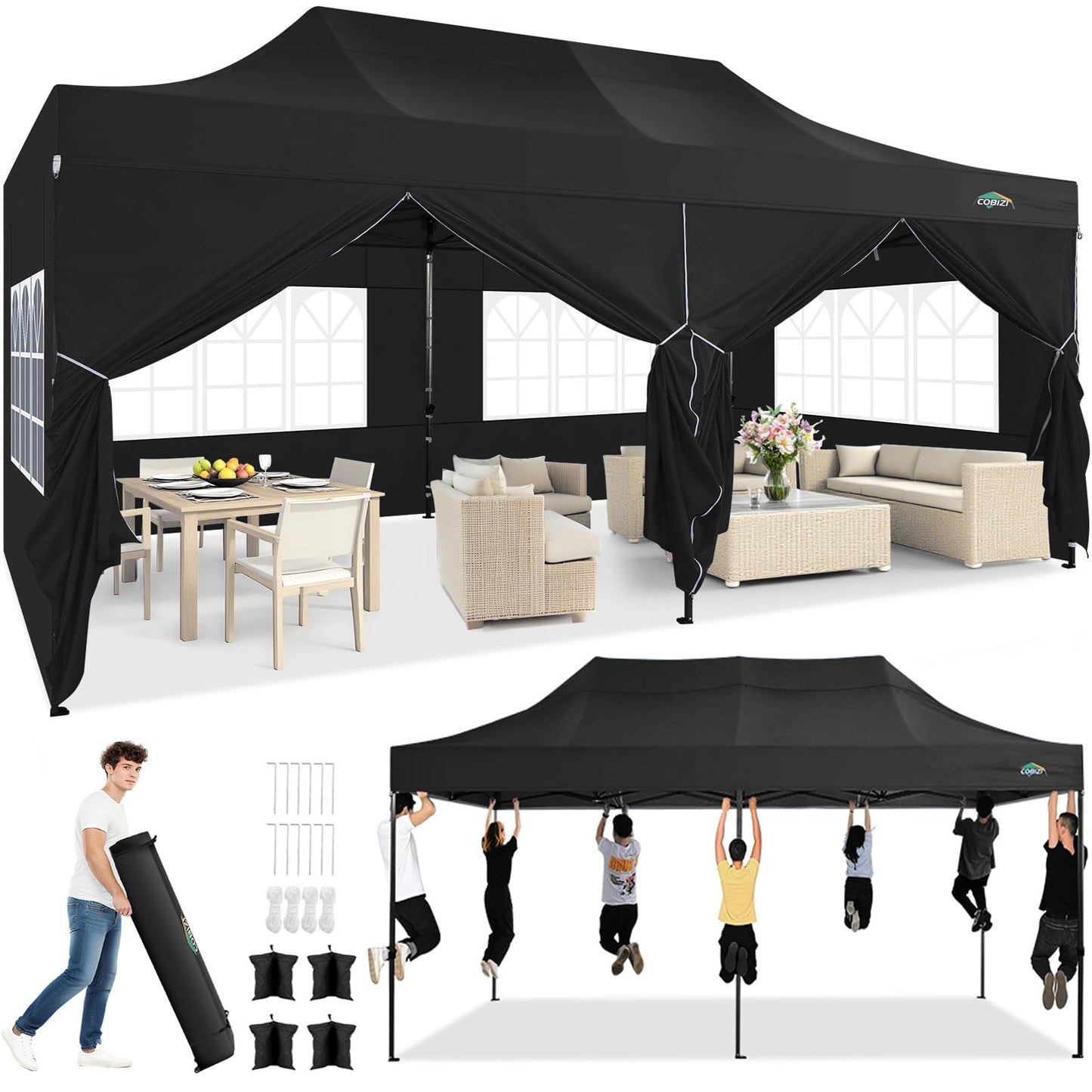COBIZI 10x20 Heavy Duty Pop Up Canopy Tent with 6 Sidewalls Thicken Frame, Commercial Easy Up Outdoor Wedding Party Tents, All Season Waterproof Windproof with Stakes Sandbags Ropes Roller Bag, Black
