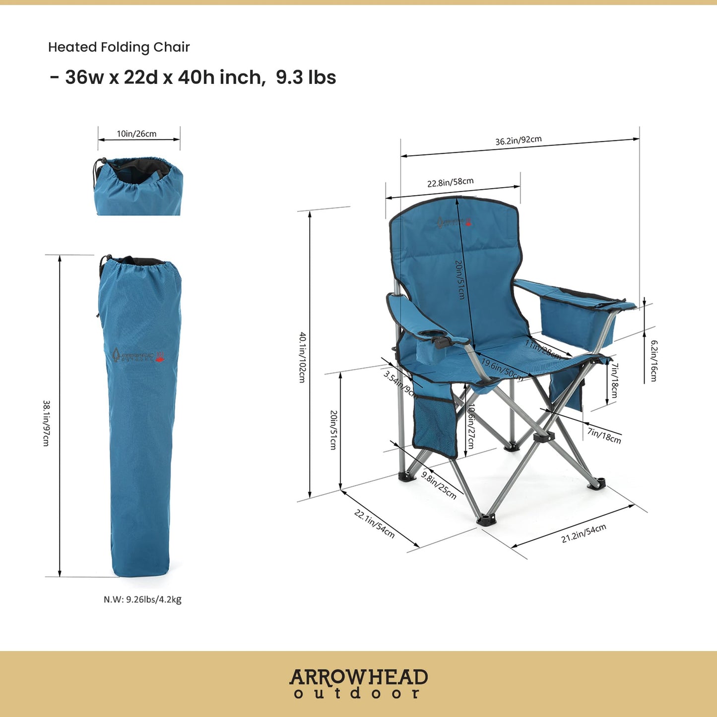 ARROWHEAD OUTDOOR 2-Pack Heated Folding Camping Chair with Cooler, 3 Heat Settings, Cup & Wine Glass Holder, Carrying Bag, Battery NOT Included, Supports up to 330lbs