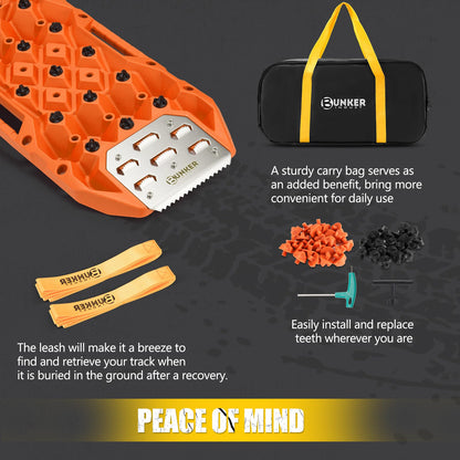 BUNKER INDUST Offroad Traction Boards with Jack Base, Pair Portable Recovery Track Tire Traction Mat - Orange Sand,Mud,Snow Tracks(Replaceable Dual Colors Teeth/Rugged Steel Plate), Gen 12th