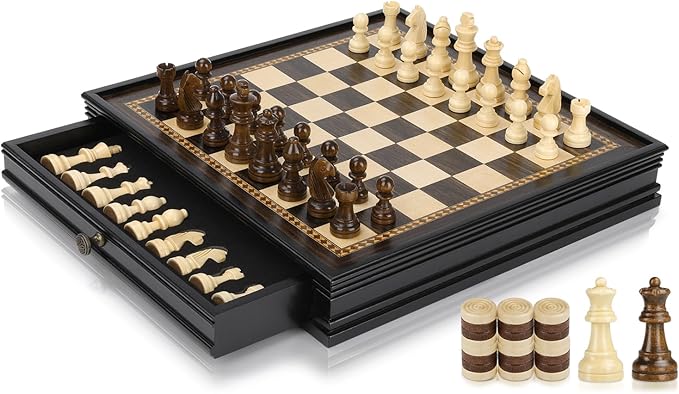 Peradix Magnetic Chess Checkers Board Sets with 2 Built-in Storage Drawers12.8 Classic 2 in 1 Wooden Games with 2 Extra Queens for Kids and AdultsTravel Portable Chess Game Set