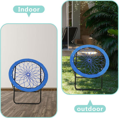 CAMP SOLUTIONS 2 Pack Bungee Bunjo Folding Chair, Saucer Dish Chair Bunjo Chair Outdoor Indoor Use for Camping Game& Recreation Room Livingroom Study (BLUE-2PK)