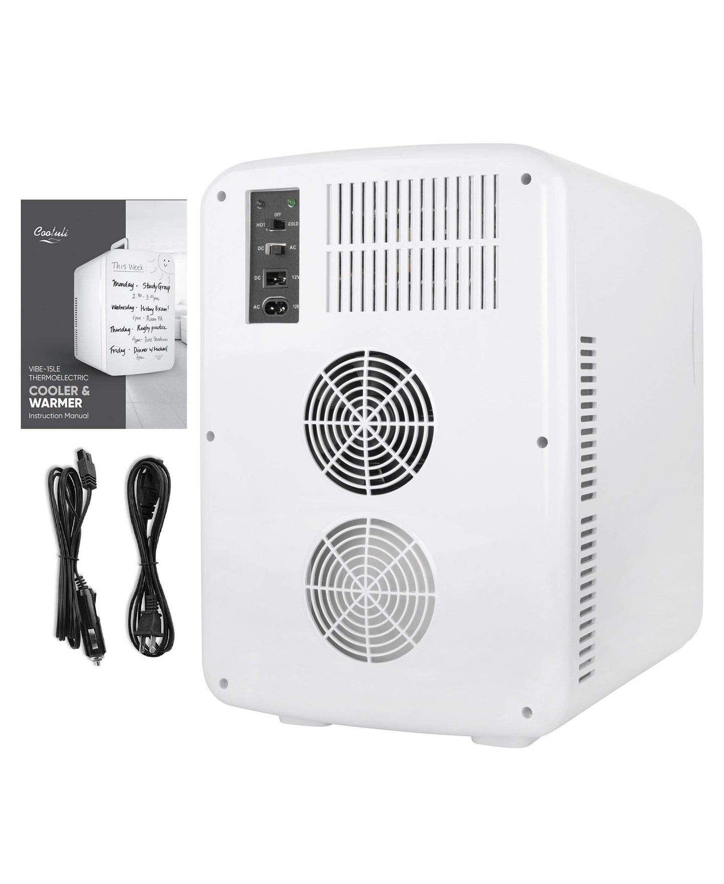 Cooluli Vibe Mini Fridge for Bedroom - With Cool Front Magnetic Whiteboard - 15L Portable Small Refrigerator for Travel, Car & Office Desk - Plug In Cooler & Warmer for Food, Drinks & Skincare (White)
