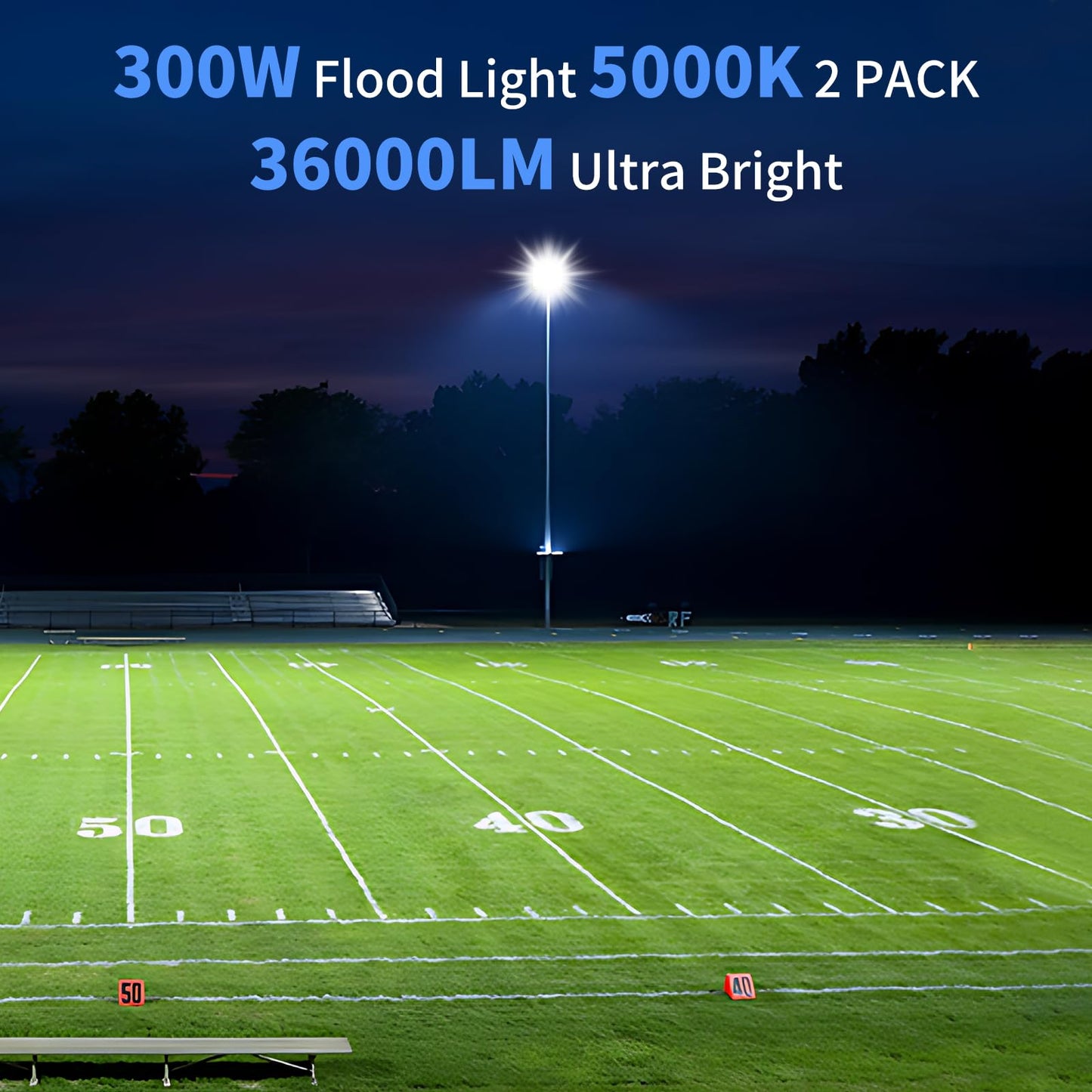 ISUERFY 300W LED Flood Light Outdoor with Plug, 36000LM Ultra Brighter Security Light, IP66 Waterproof Exterior Plug in Floodlight, 5000K Daylight White for Lawn Yard Garden Stadium(2 Pack)