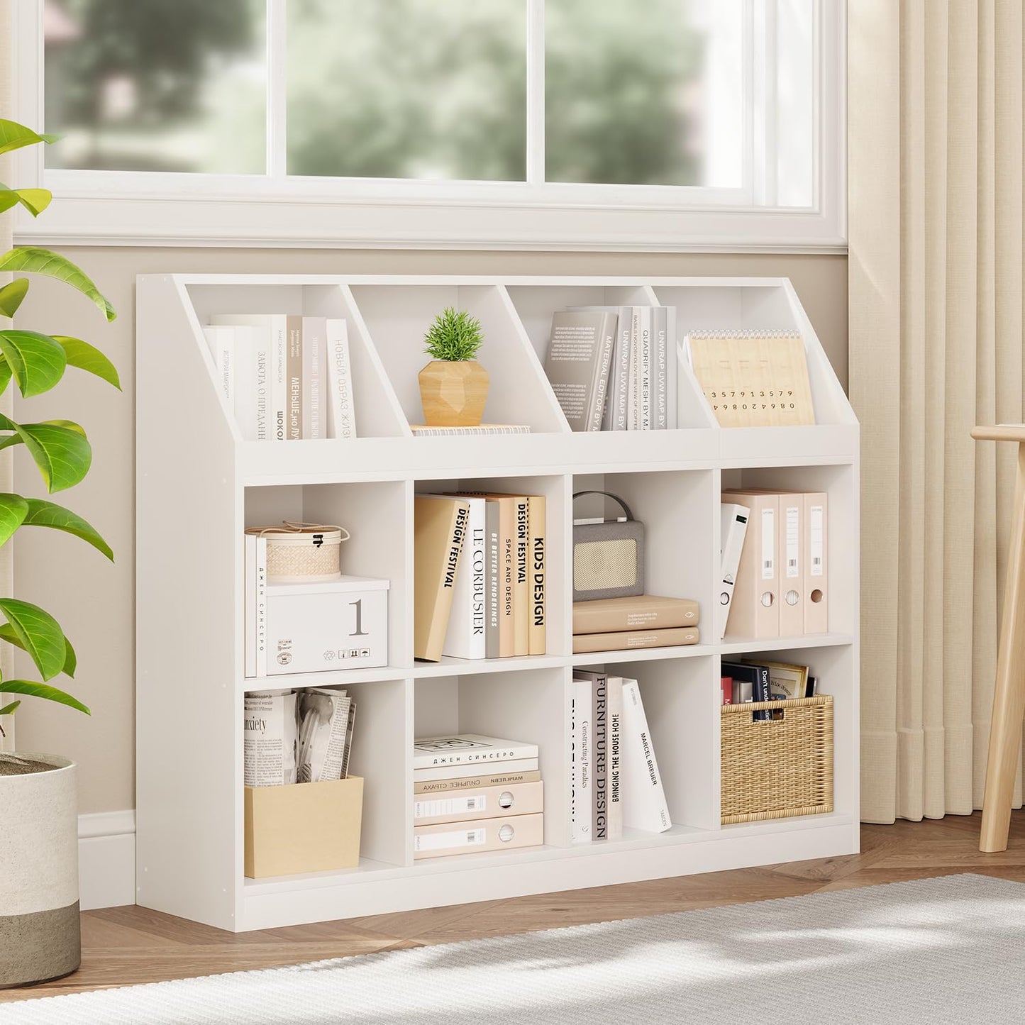 NELYE 12-Cube Wooden Storage Bookcase - 11-Inch Open Shelf Cabinet, Simple Modern Bookshelf Organizer for Home Office, Living Room, White