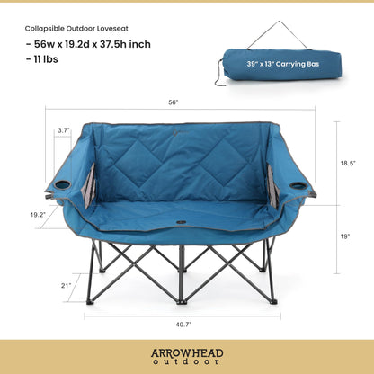 ARROWHEAD OUTDOOR 2-Pack Portable Folding Double Duo Camping Chair Loveseat w/ 2 Cup & Wine Glass Holder, Carrying Bag, Supports up to 650lbs