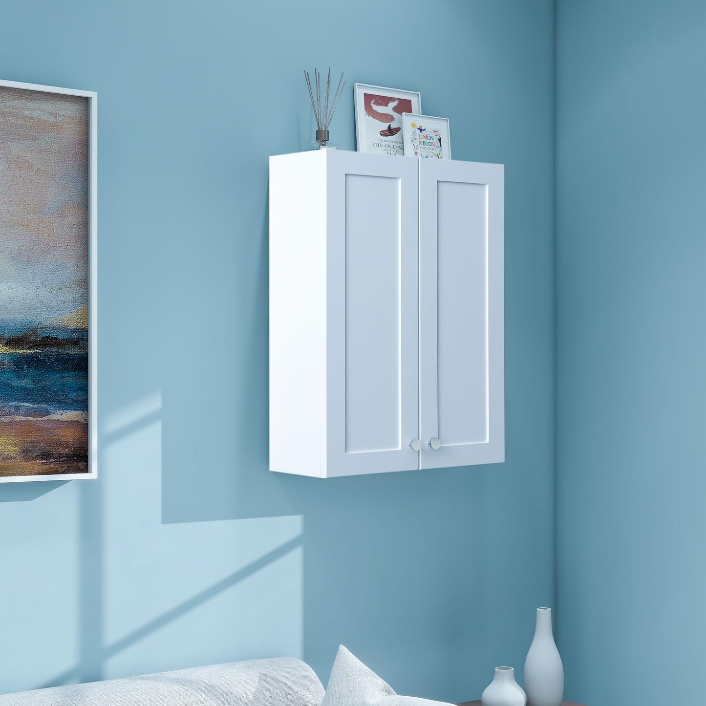 VANIRROR White Wall Mount Cabinet, MDF Over the Toilet Storage Cabinet with Adjustable Shelves, Space Saver 2 Door Medicine Cabinet for Bathroom Laundry Kitchen, 19x 27in, No Paint Odor